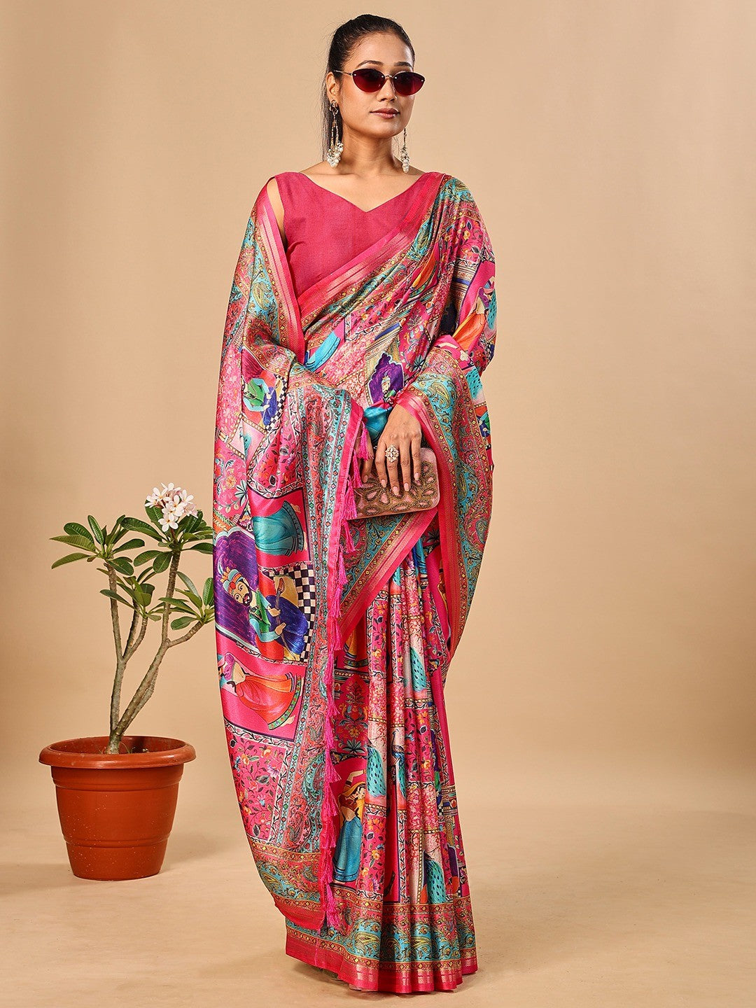 Premium Pink Floral & Paisley Digital Printed Tussar Silk Saree With Zari Weaving Border - Image 4