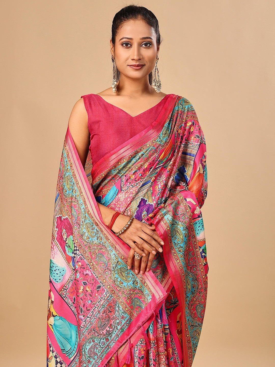 Premium Pink Floral & Paisley Digital Printed Tussar Silk Saree With Zari Weaving Border - Image 2