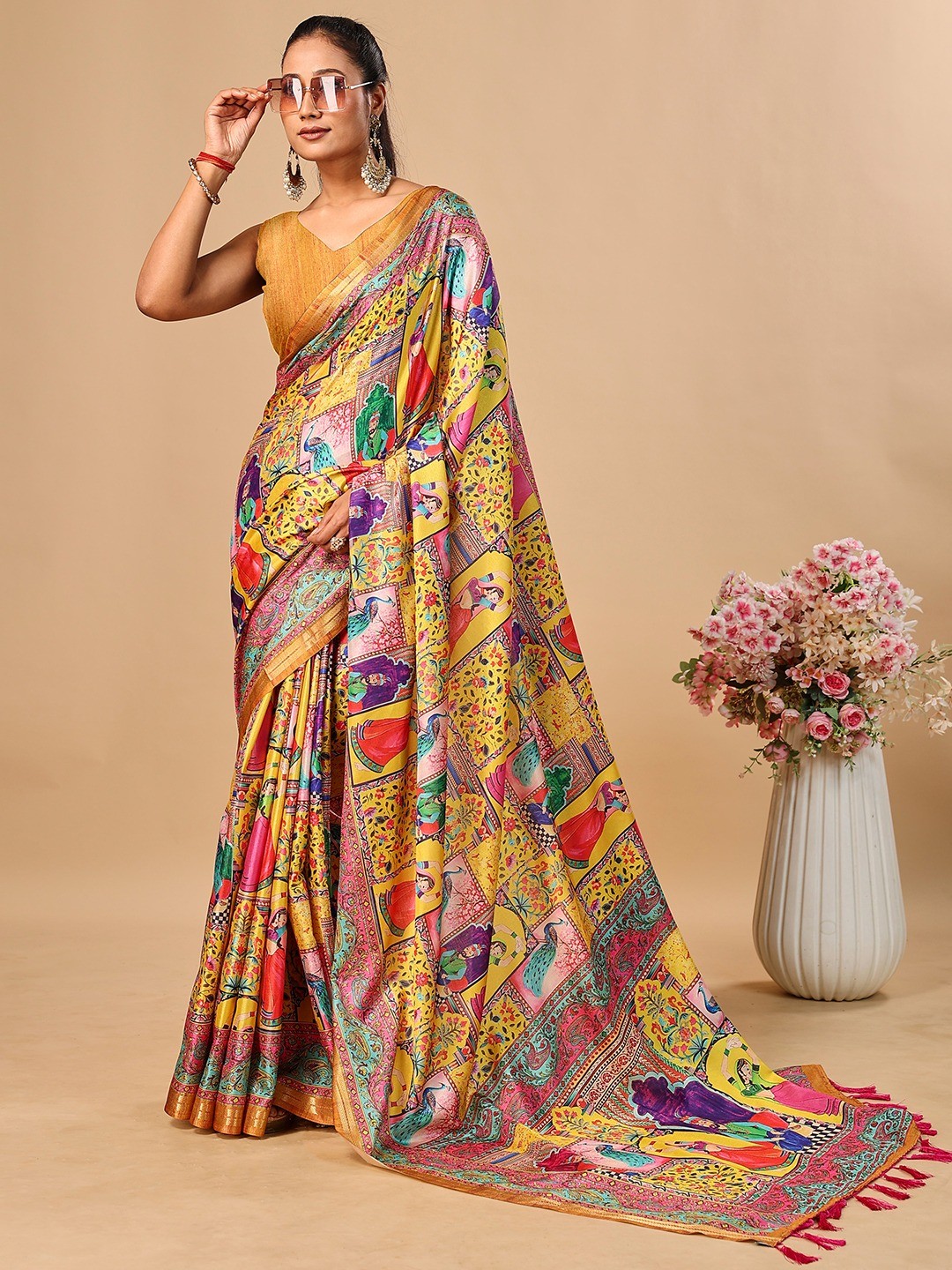Premium Yellow Floral & Paisley Digital Printed Tussar Silk Saree With Zari Weaving Border - Image 1