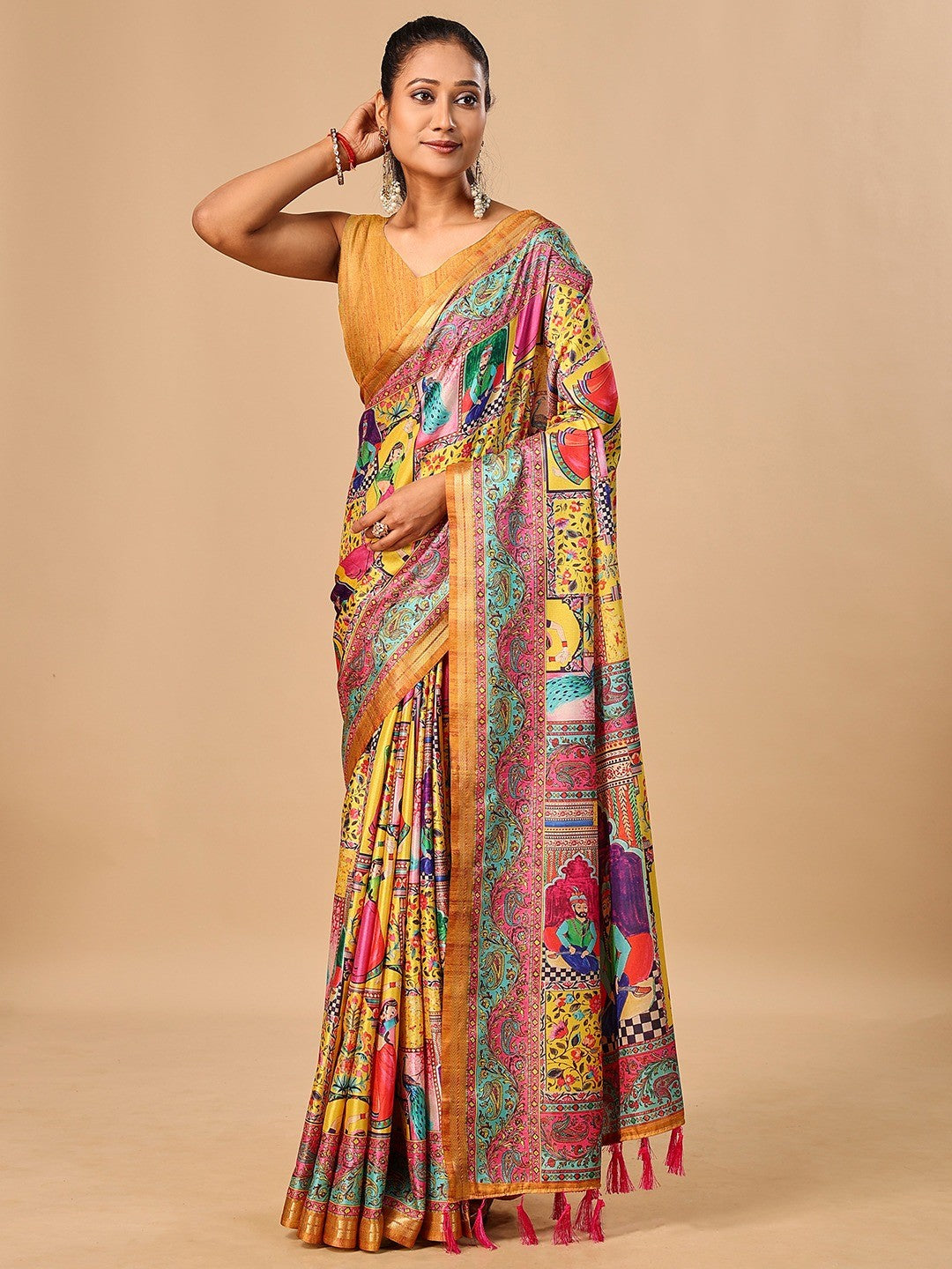 Premium Yellow Floral & Paisley Digital Printed Tussar Silk Saree With Zari Weaving Border - Image 5