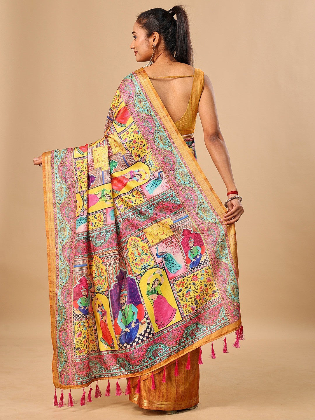 Premium Yellow Floral & Paisley Digital Printed Tussar Silk Saree With Zari Weaving Border - Image 3