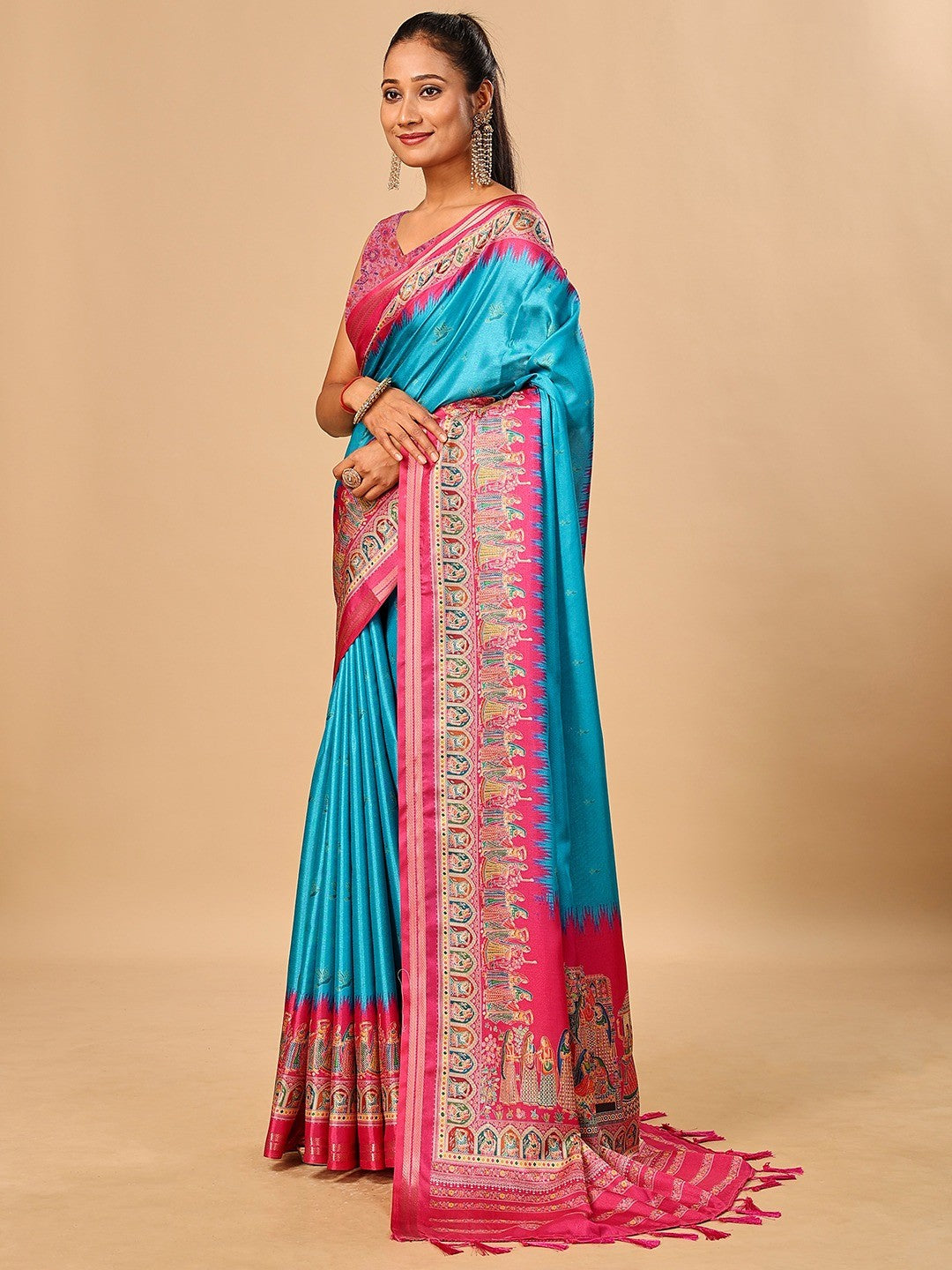 Luxurious Blue Birds Digital Print Tussar Silk Saree With Temple Motif Pallu & Zari Weaving Border - Image 5