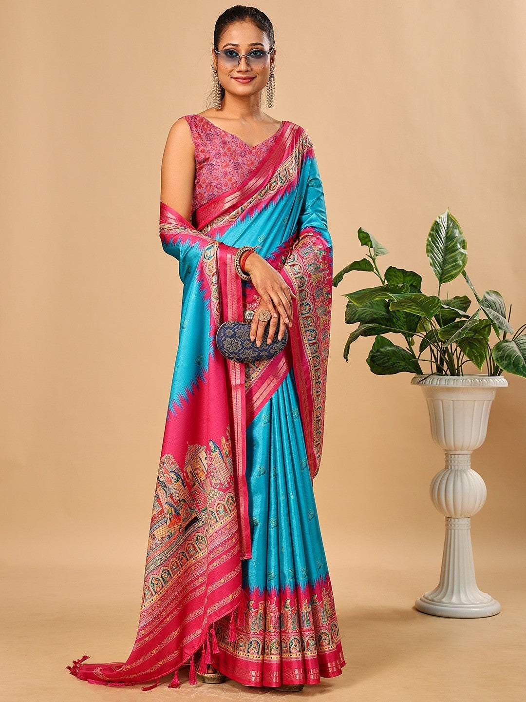 Luxurious Blue Birds Digital Print Tussar Silk Saree With Temple Motif Pallu & Zari Weaving Border - Image 4