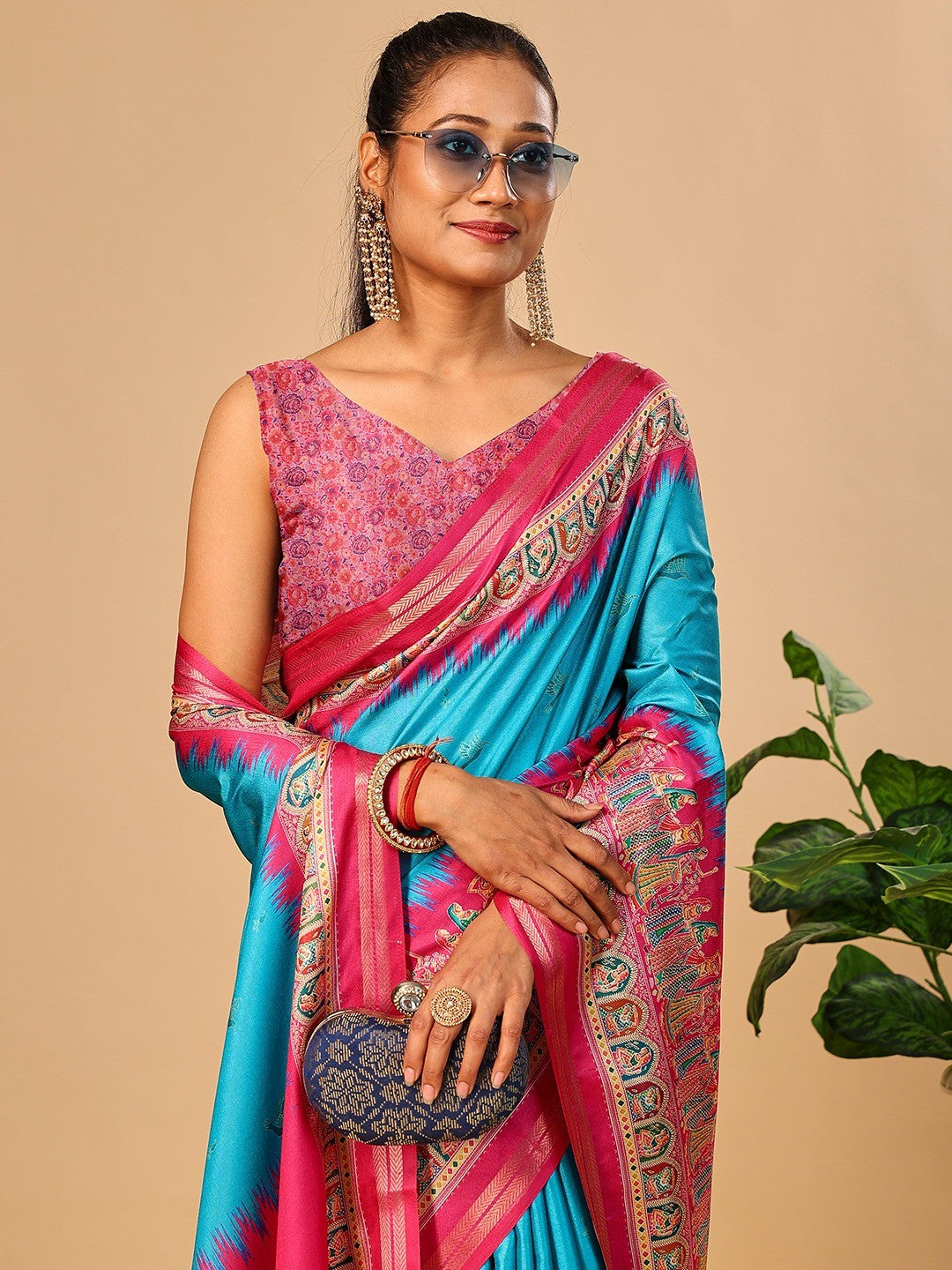 Luxurious Blue Birds Digital Print Tussar Silk Saree With Temple Motif Pallu & Zari Weaving Border - Image 2