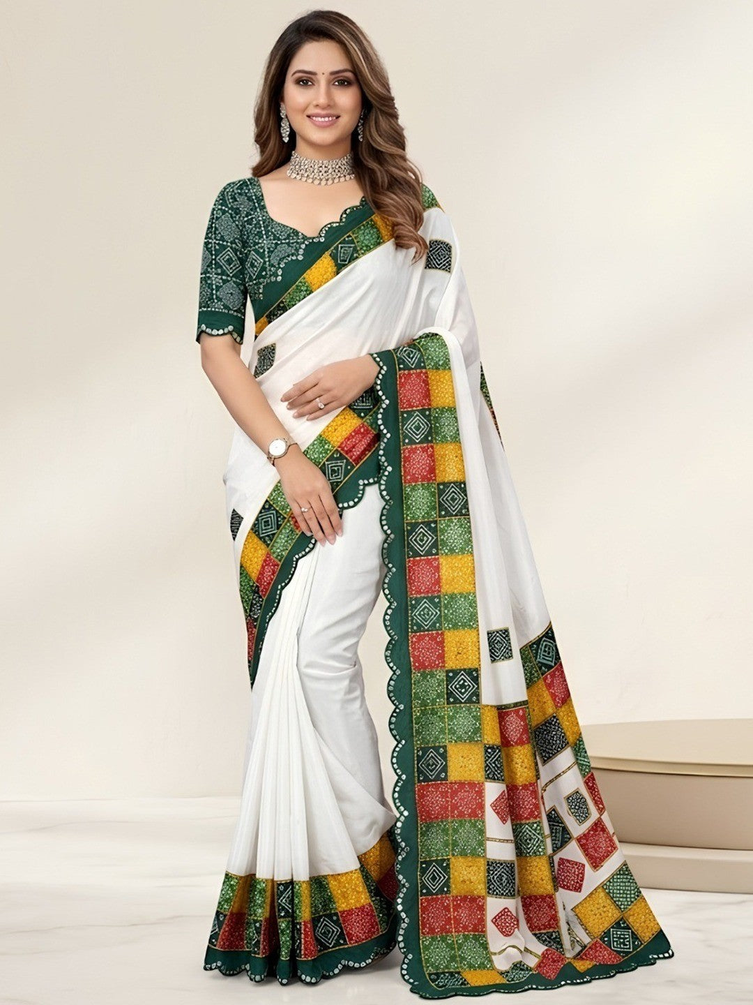 Elegant White & Green Vichitra Silk Bandhani Saree with Mirror Work Border - Image 1
