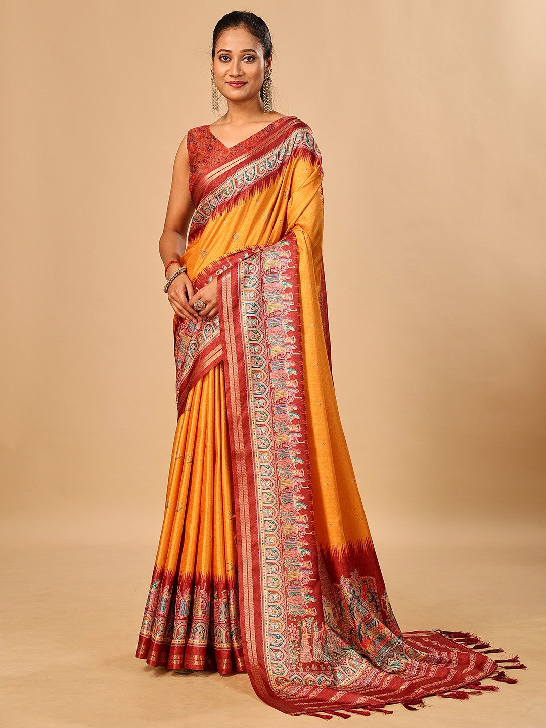 Luxurious Mustard Birds Digital Print Tussar Silk Saree With Temple Motif Pallu & Zari Weaving Border - Image 4