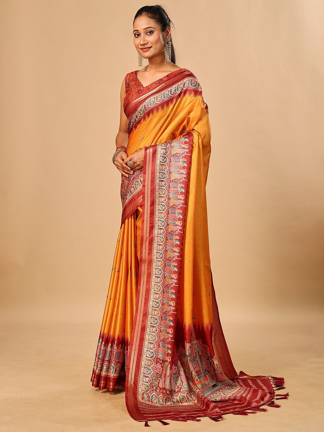 Luxurious Mustard Birds Digital Print Tussar Silk Saree With Temple Motif Pallu & Zari Weaving Border - Image 5