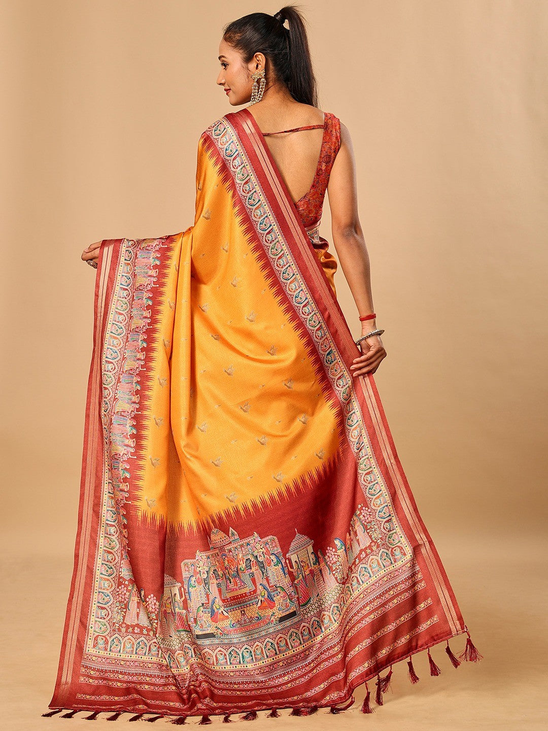 Luxurious Mustard Birds Digital Print Tussar Silk Saree With Temple Motif Pallu & Zari Weaving Border - Image 2