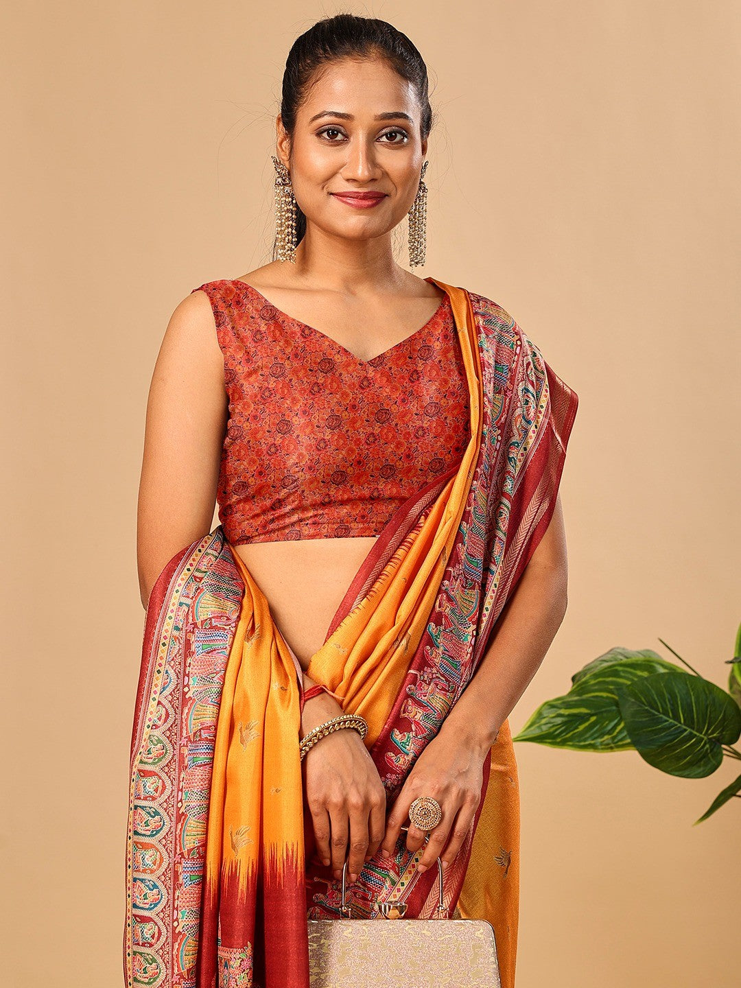 Luxurious Mustard Birds Digital Print Tussar Silk Saree With Temple Motif Pallu & Zari Weaving Border - Image 3