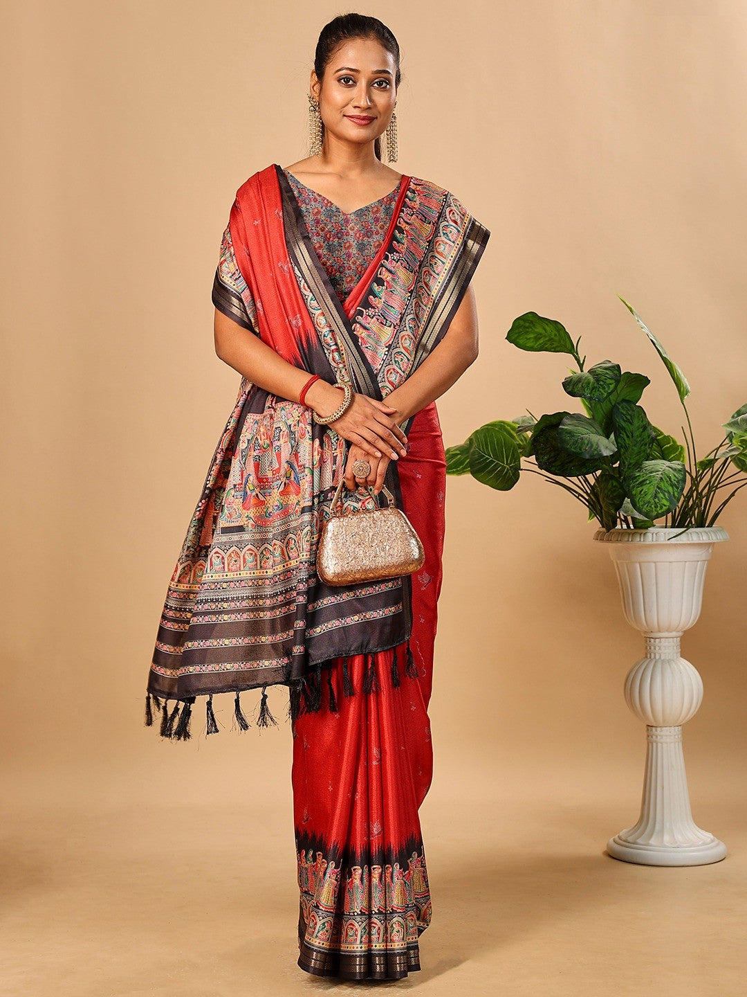 Luxurious Red Birds Digital Print Tussar Silk Saree With Temple Motif Pallu & Zari Weaving Border - Image 1