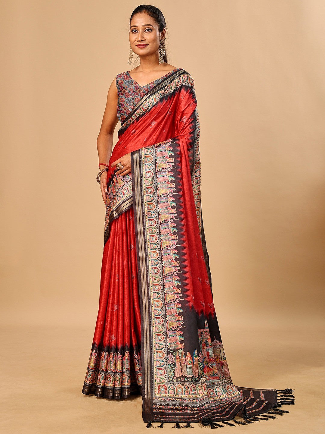 Luxurious Red Birds Digital Print Tussar Silk Saree With Temple Motif Pallu & Zari Weaving Border - Image 4
