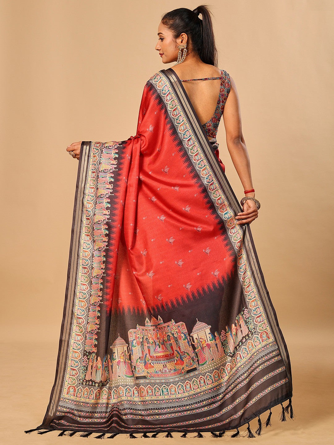 Luxurious Red Birds Digital Print Tussar Silk Saree With Temple Motif Pallu & Zari Weaving Border - Image 3