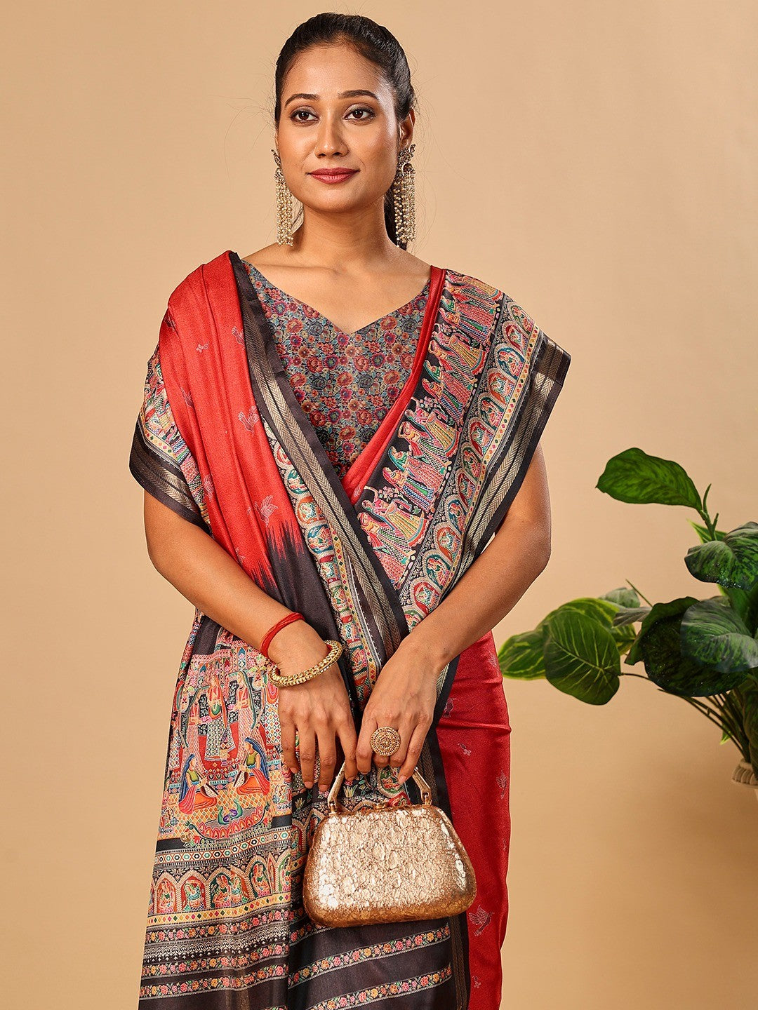Luxurious Red Birds Digital Print Tussar Silk Saree With Temple Motif Pallu & Zari Weaving Border - Image 2