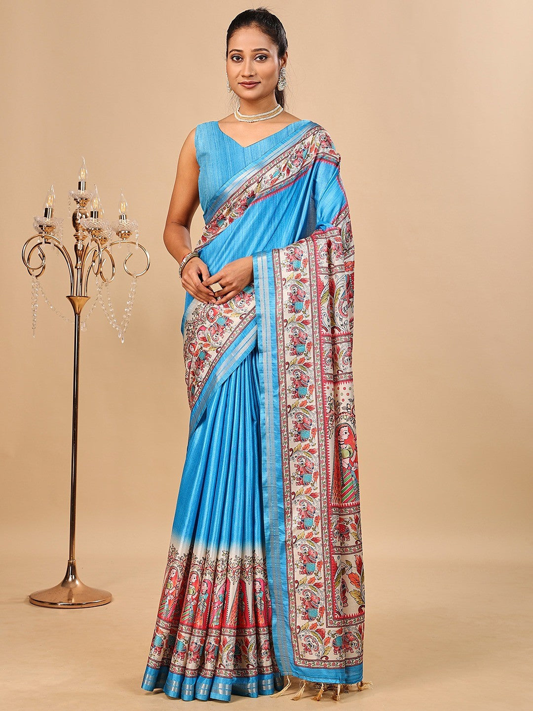 Exquisite Blue Madhubani & Elephant Digital Printed Tussar Silk Saree With Elegant Zari Border - Image 1