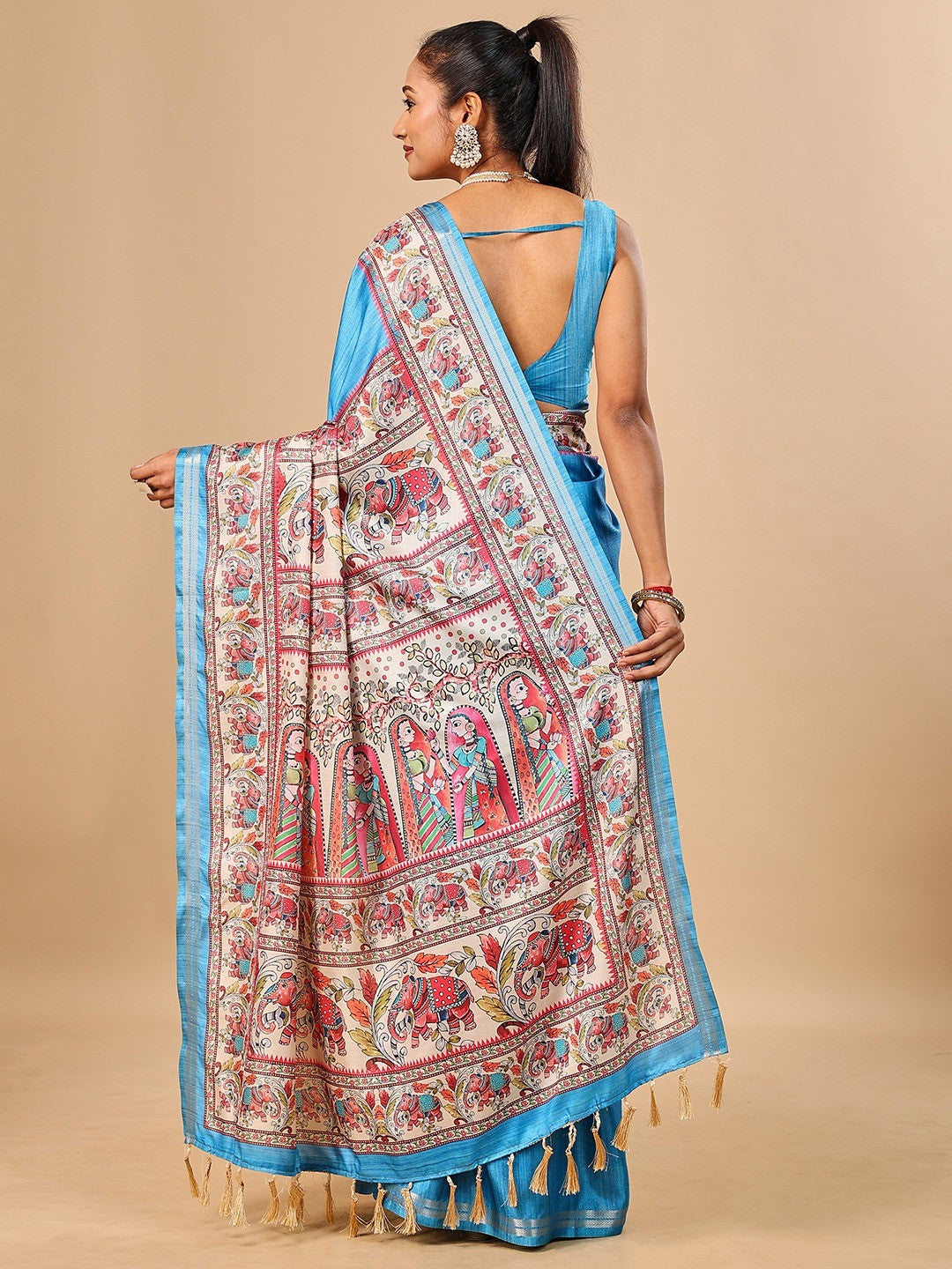 Exquisite Blue Madhubani & Elephant Digital Printed Tussar Silk Saree With Elegant Zari Border - Image 3