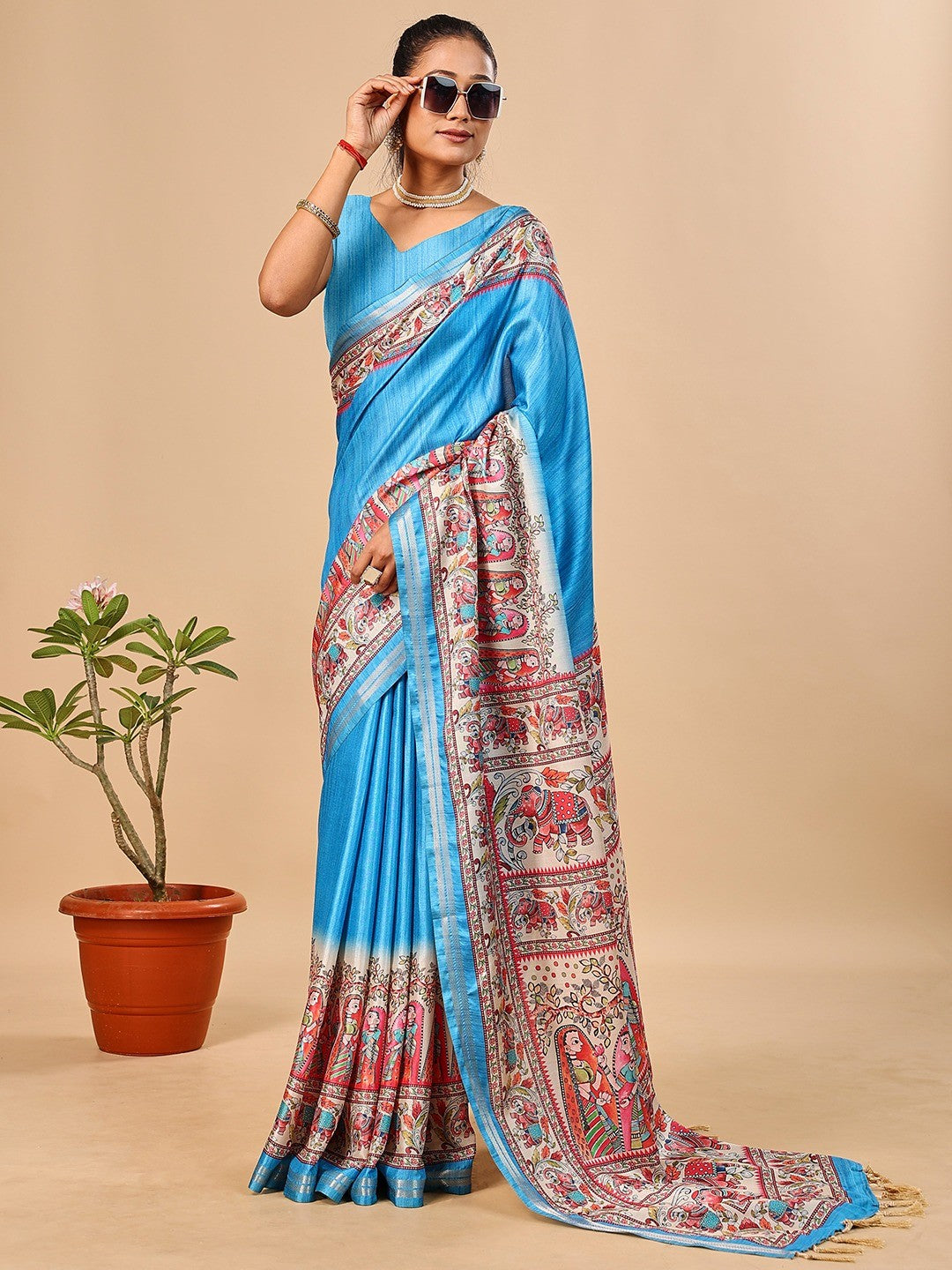 Exquisite Blue Madhubani & Elephant Digital Printed Tussar Silk Saree With Elegant Zari Border - Image 5