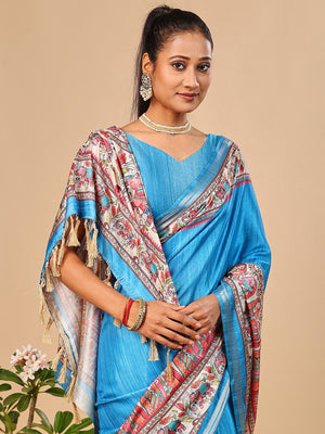 Exquisite Blue Madhubani & Elephant Digital Printed Tussar Silk Saree With Elegant Zari Border - Image 2