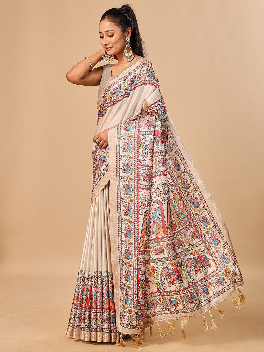 Exquisite Cream Madhubani & Elephant Digital Printed Tussar Silk Saree With Elegant Zari Border - Image 4