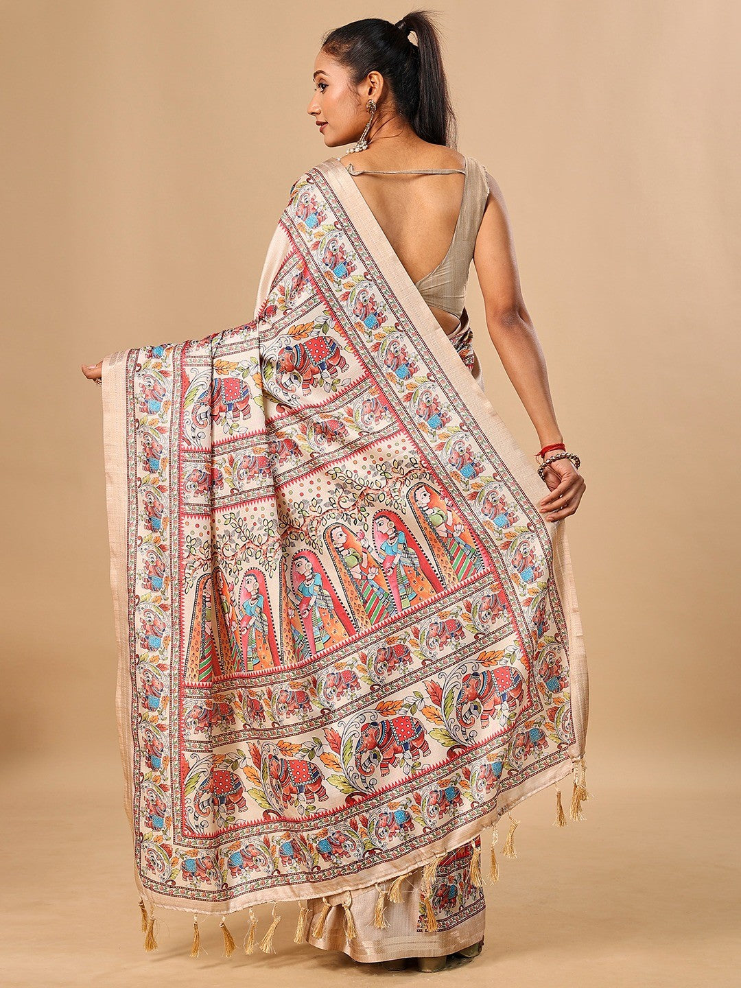 Exquisite Cream Madhubani & Elephant Digital Printed Tussar Silk Saree With Elegant Zari Border - Image 3