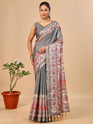 Exquisite Grey Madhubani & Elephant Digital Printed Tussar Silk Saree With Elegant Zari Border - Image 1