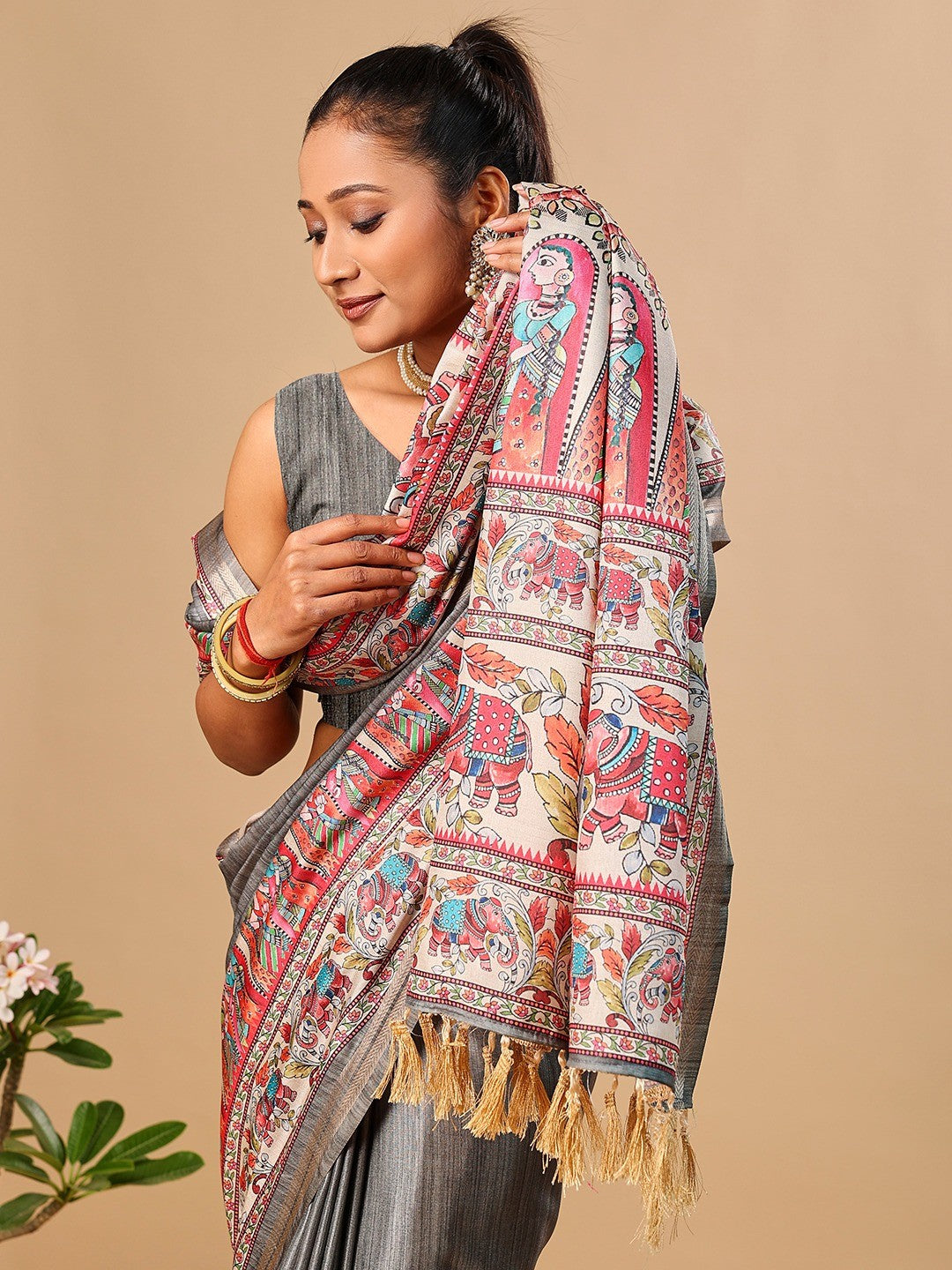 Exquisite Grey Madhubani & Elephant Digital Printed Tussar Silk Saree With Elegant Zari Border - Image 2