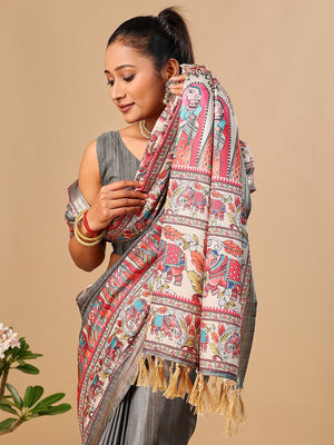 Exquisite Grey Madhubani & Elephant Digital Printed Tussar Silk Saree With Elegant Zari Border - Image 2