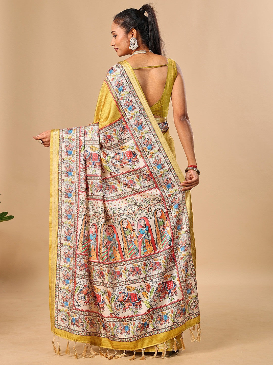 Exquisite Mustard Madhubani & Elephant Digital Printed Tussar Silk Saree With Elegant Zari Border - Image 5