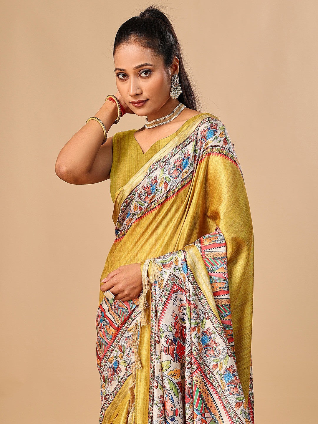 Exquisite Mustard Madhubani & Elephant Digital Printed Tussar Silk Saree With Elegant Zari Border - Image 2