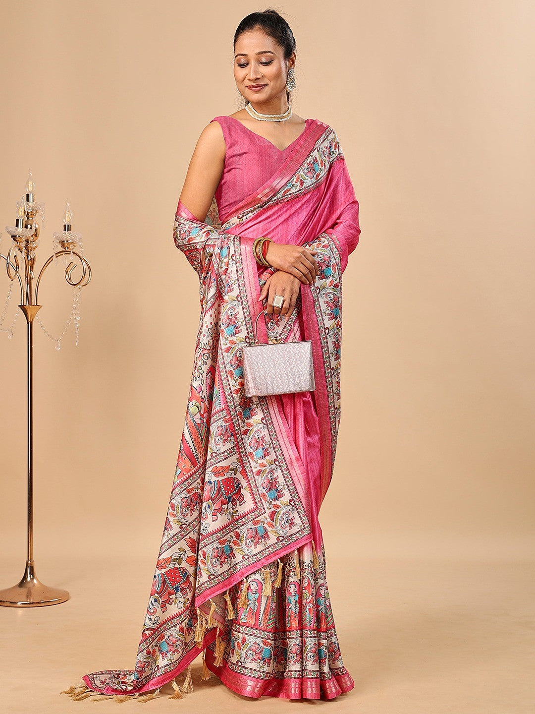 Exquisite Pink Madhubani & Elephant Digital Printed Tussar Silk Saree With Elegant Zari Border - Image 1