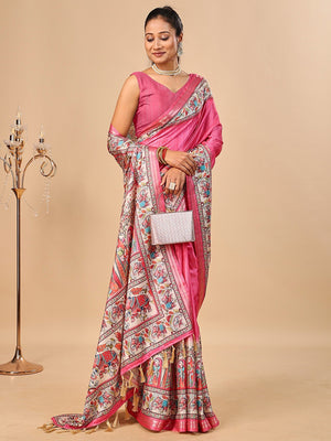 Exquisite Pink Madhubani & Elephant Digital Printed Tussar Silk Saree With Elegant Zari Border - Image 1