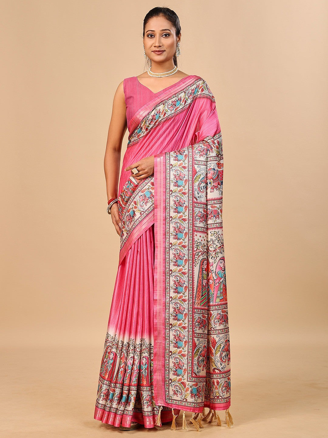 Exquisite Pink Madhubani & Elephant Digital Printed Tussar Silk Saree With Elegant Zari Border - Image 5
