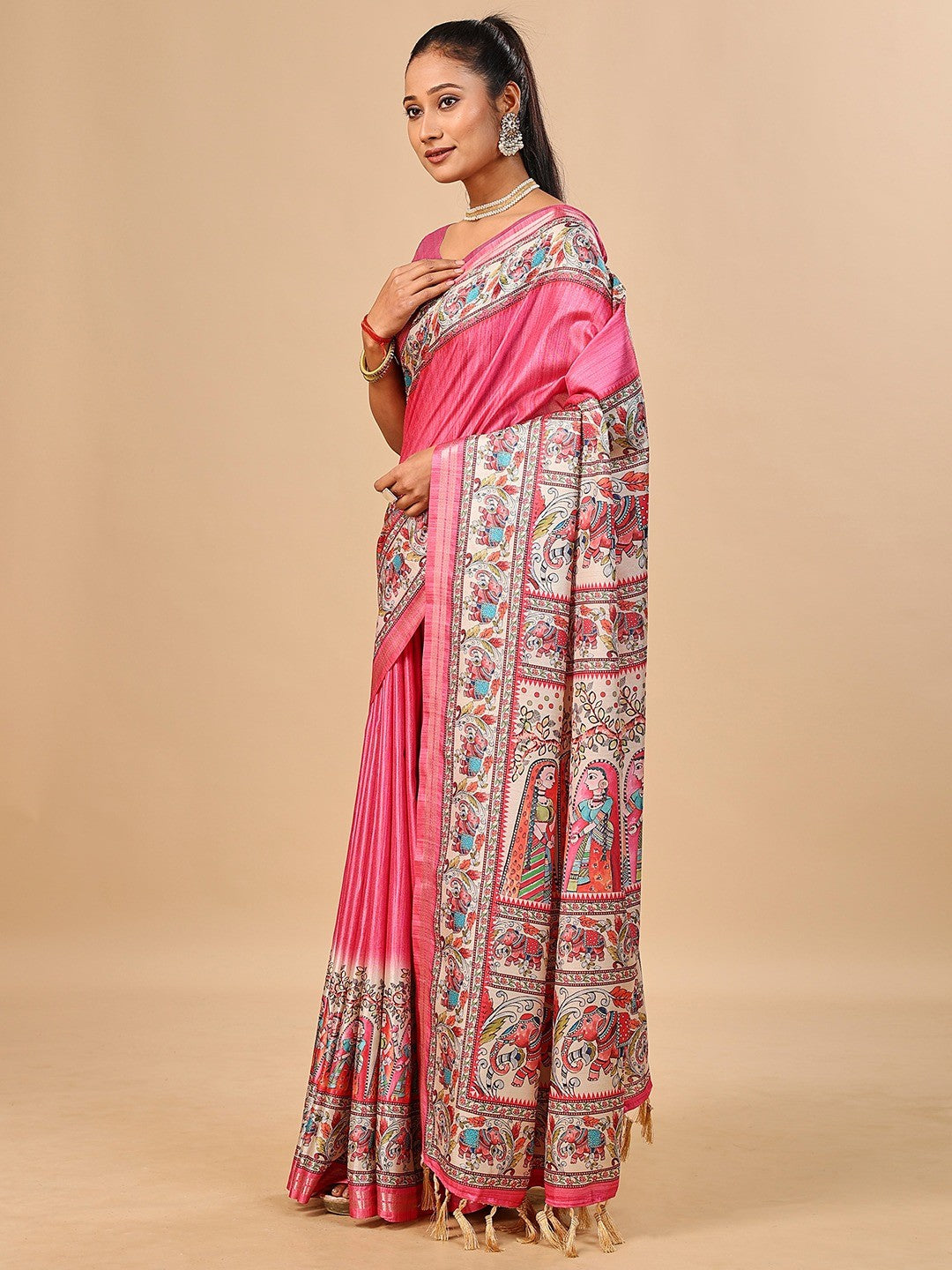 Exquisite Pink Madhubani & Elephant Digital Printed Tussar Silk Saree With Elegant Zari Border - Image 4