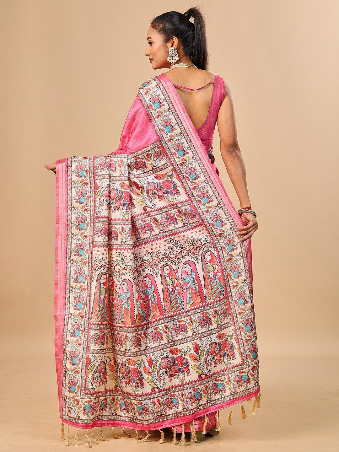 Exquisite Pink Madhubani & Elephant Digital Printed Tussar Silk Saree With Elegant Zari Border - Image 3