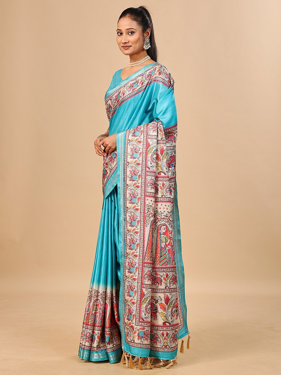 Exquisite Turquoise Madhubani & Elephant Digital Printed Tussar Silk Saree With Elegant Zari Border - Image 4