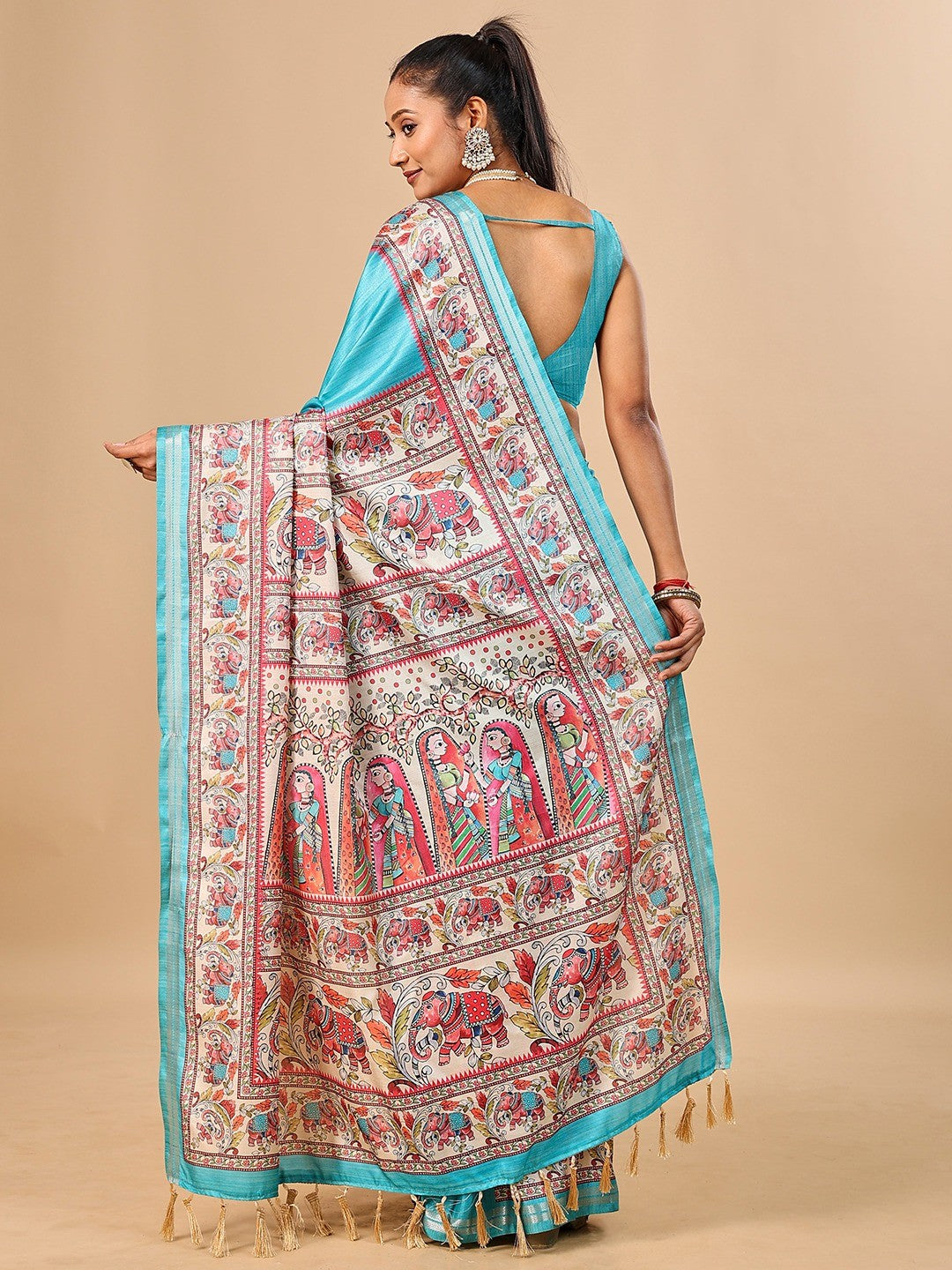 Exquisite Turquoise Madhubani & Elephant Digital Printed Tussar Silk Saree With Elegant Zari Border - Image 5