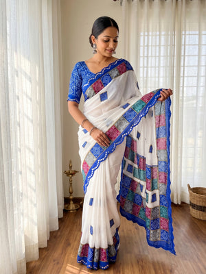 Elegant White & Blue Vichitra Silk Bandhani Saree with Mirror Work - Image 1