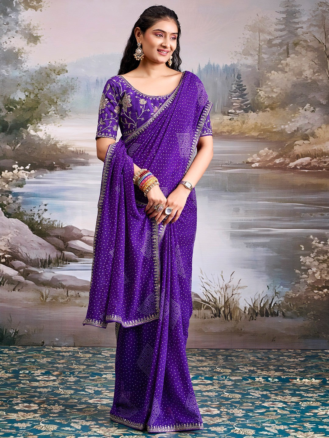 Royal Purple Bandhani Printed Georgette Saree Enhanced With Sequins & Cording Embroidered Border - Image 6