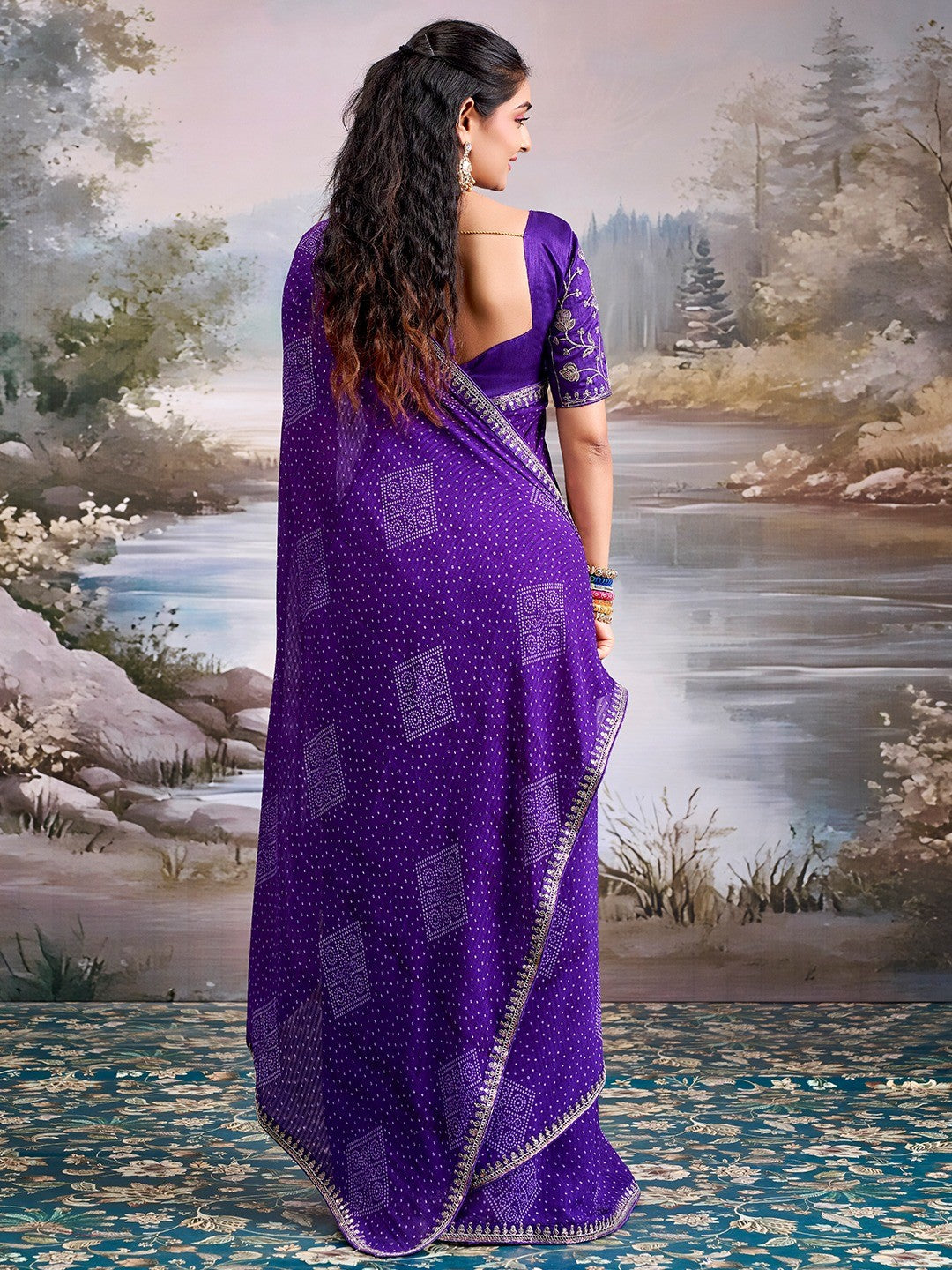 Royal Purple Bandhani Printed Georgette Saree Enhanced With Sequins & Cording Embroidered Border - Image 5