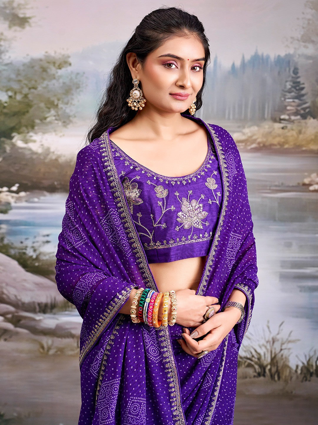 Royal Purple Bandhani Printed Georgette Saree Enhanced With Sequins & Cording Embroidered Border - Image 4