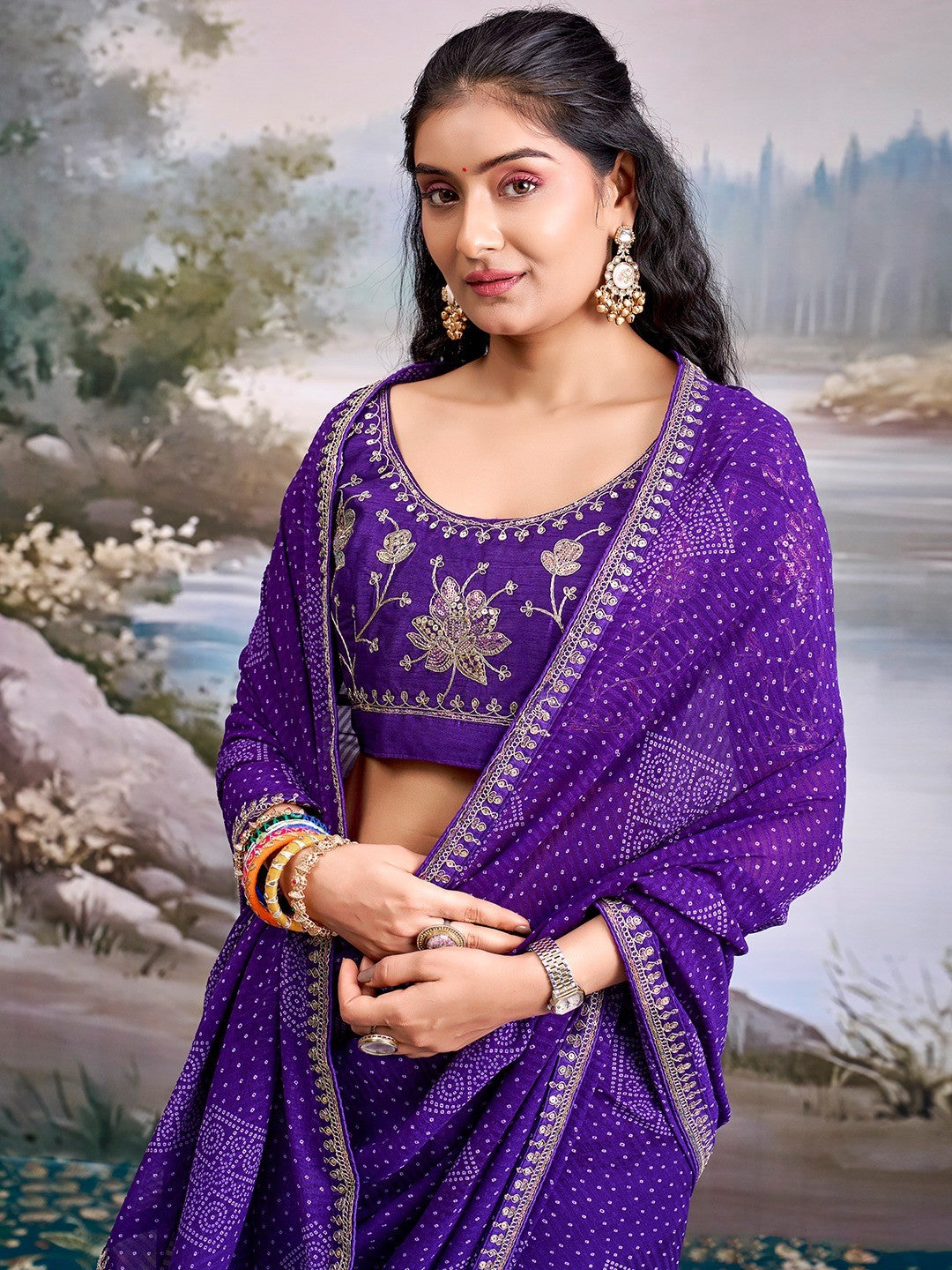 Royal Purple Bandhani Printed Georgette Saree Enhanced With Sequins & Cording Embroidered Border - Image 3