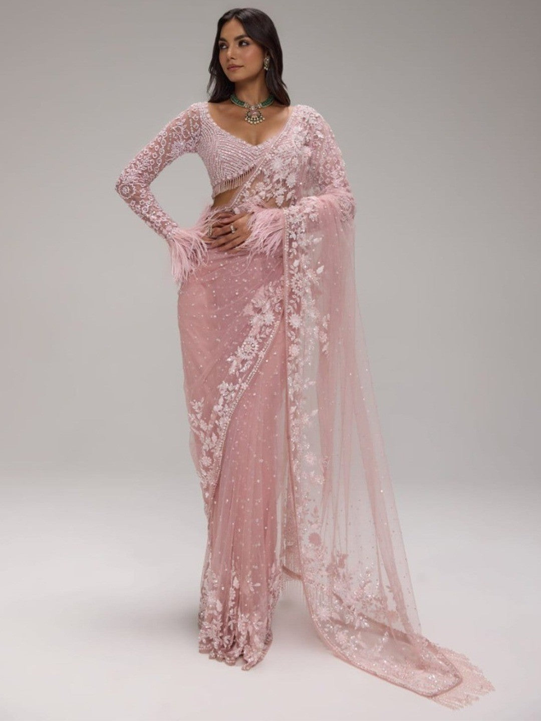 Elegant Pink Super Net Embroidered Saree with Designer Blouse - Image 1