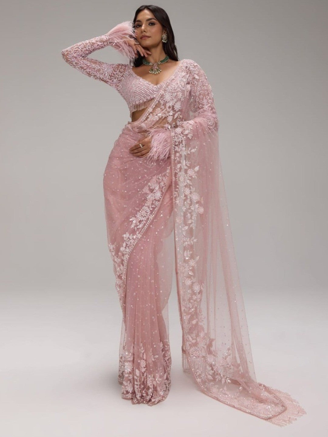 Elegant Pink Super Net Embroidered Saree with Designer Blouse - Image 4
