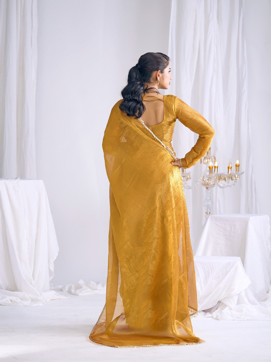 Gold Silk Blend Saree with Subtle Delicate Border Classic Ethnic Style - Image 4