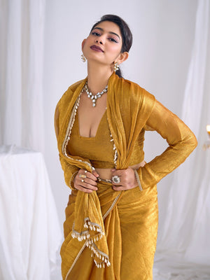 Gold Silk Blend Saree with Subtle Delicate Border Classic Ethnic Style - Image 2