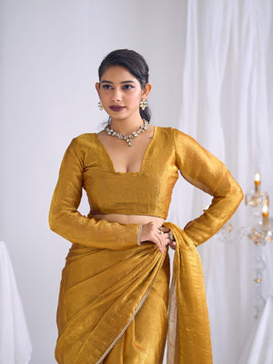 Gold Silk Blend Saree with Subtle Delicate Border Classic Ethnic Style - Image 2