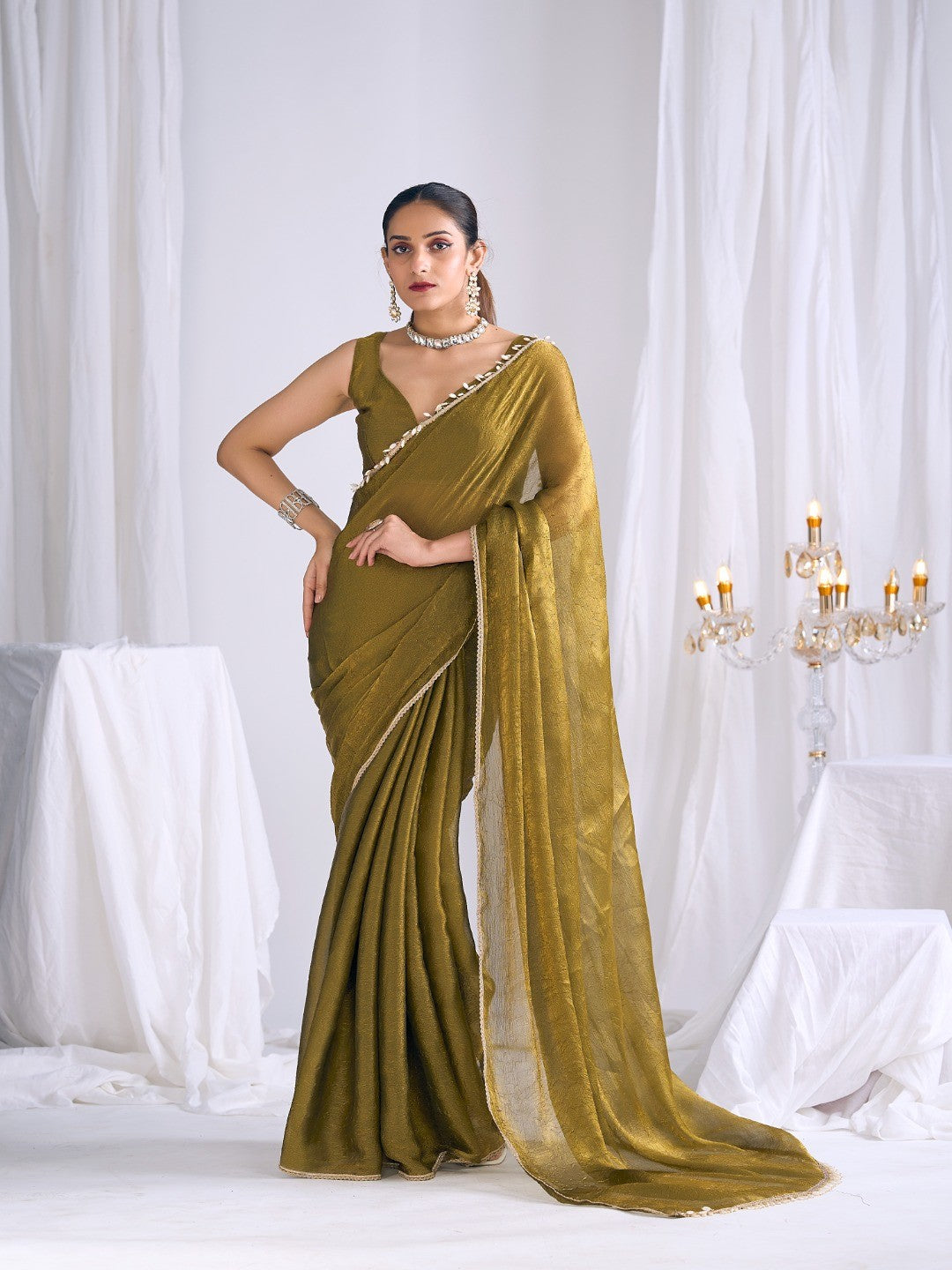 Olive Silk Blend Saree with Subtle Delicate Border Classic Ethnic Style - Image 1