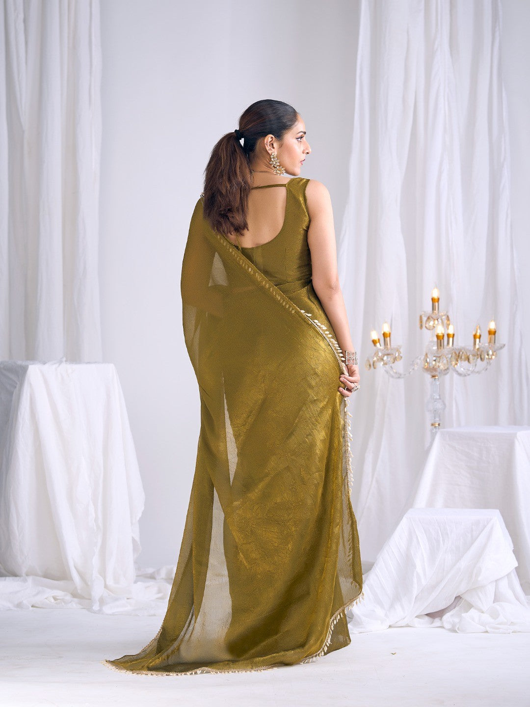 Olive Silk Blend Saree with Subtle Delicate Border Classic Ethnic Style - Image 4