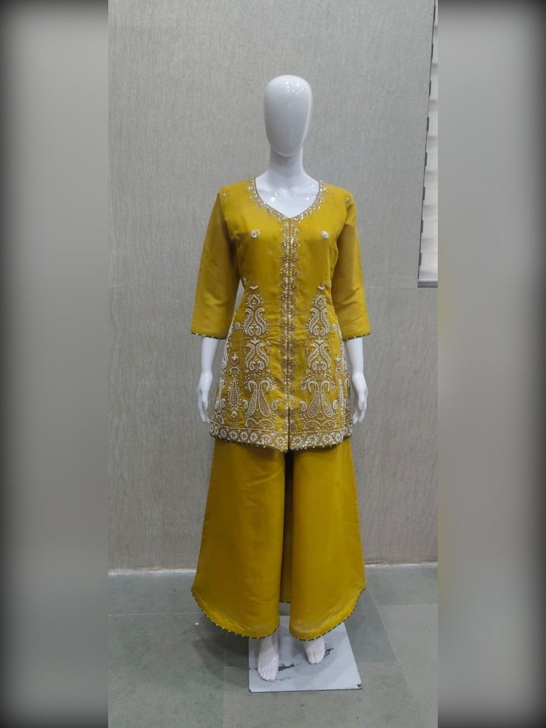 Mustard Chanderi Silk Embroidered Palazzo Suit with Beadwork - Image 1