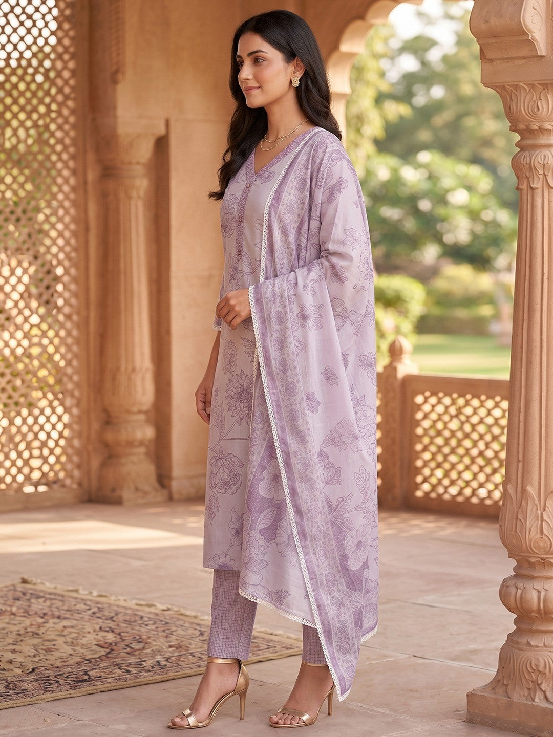Purple Pure Cotton Salwar Suit with Floral Print and Dupatta Easy Comfortable Fit - Image 2