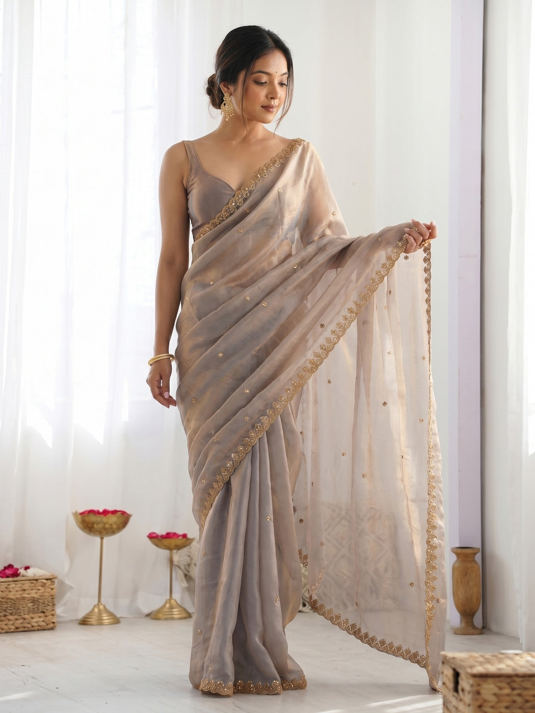 Stunning Grey Organza Satin Silk Saree Adorned With Floral Sequin Zari Embroidery Work - Image 1